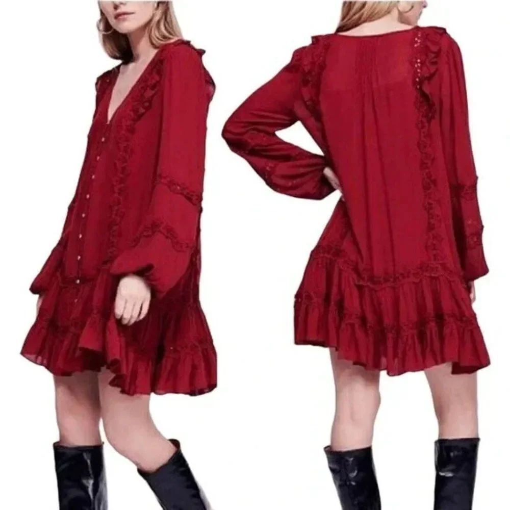 ✨ FREE PEOPLE ✨ Snow Angel Trapeze Dress - [Small, Burgundy]
